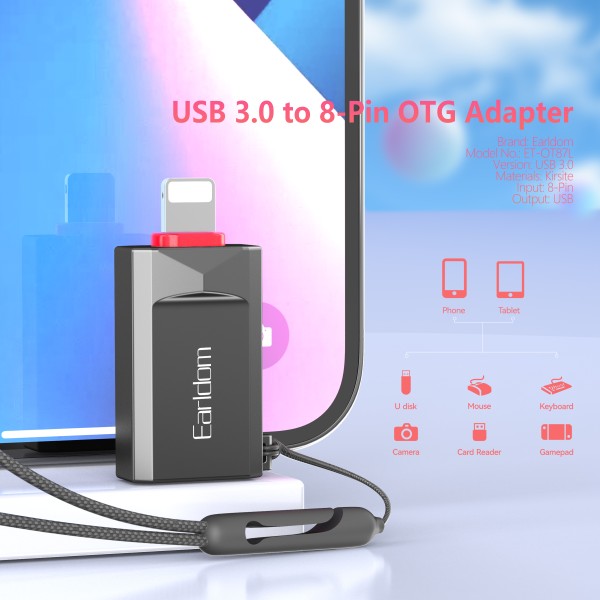Преходник Earldom ET-OT87L, USB3.0 към Lightning, OTG, Черен - 40361