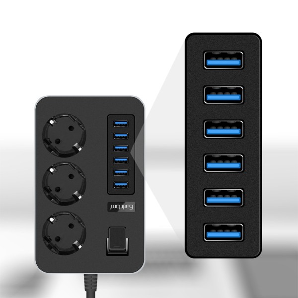 Разклонител Earldom ES-SC07, 3 гнезда, CEE 7/3, 6 х USB, 2м., Черен - 40378