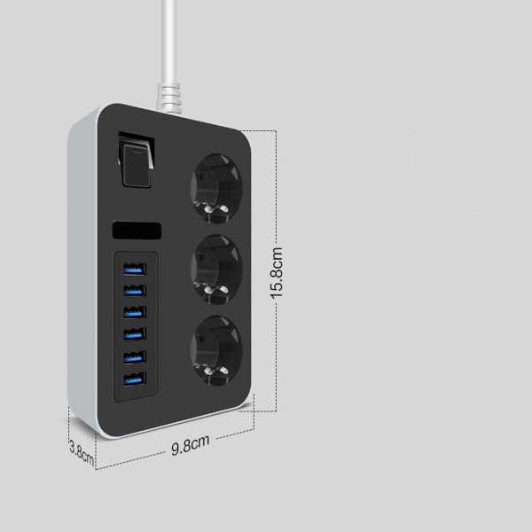 Разклонител Earldom ES-SC07, 3 гнезда, CEE 7/3, 6 х USB, 2м., Черен - 40378