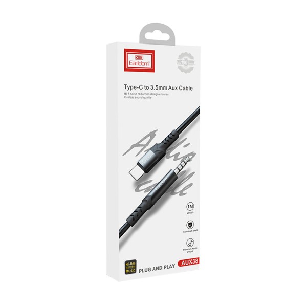 Аудио кабел Earldom ET-AUX38, 3.5mm към Type-C, 1.0м, Черен - 40178