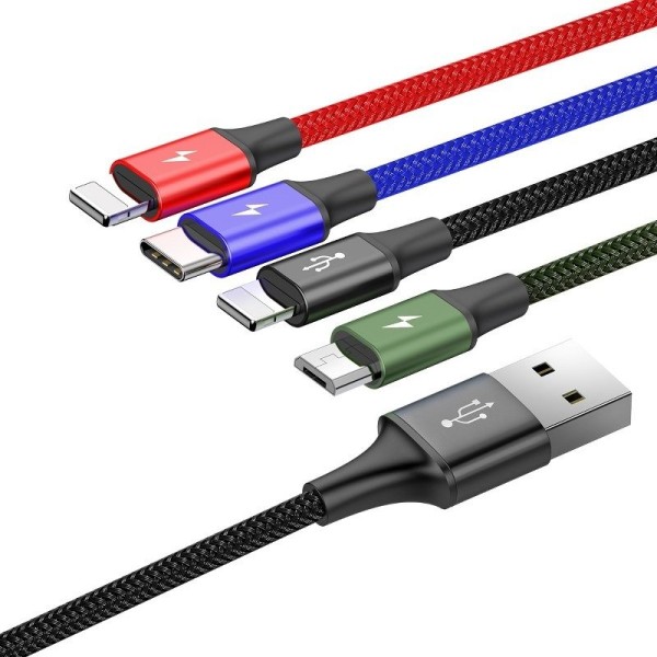 Кабел за зареждане Baseus Fast, 4 в 1, Micro USB, 2 x Lightning, Type-C, 1.2m, Черен - 40493