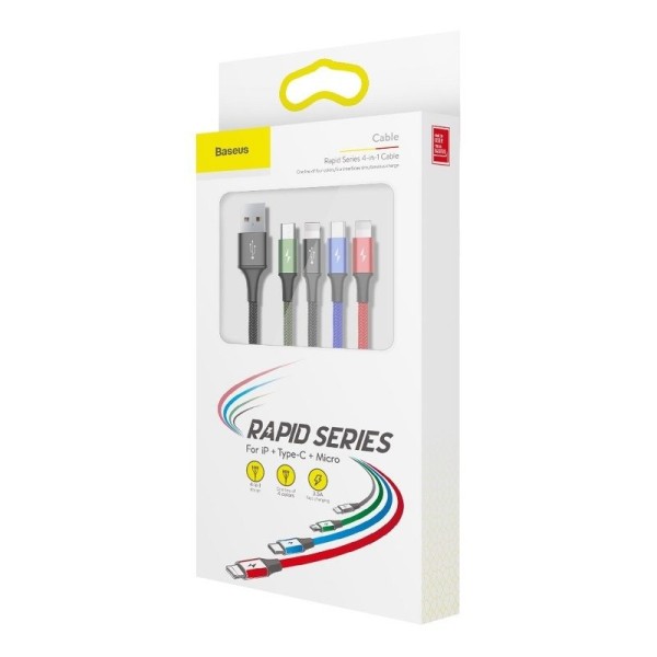 Кабел за зареждане Baseus Fast, 4 в 1, Micro USB, 2 x Lightning, Type-C, 1.2m, Черен - 40493