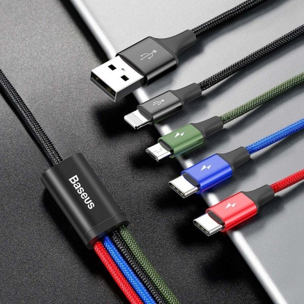 Кабел за зареждане Baseus Fast, 4 в 1, Micro USB, Lightning, 2 x Type-C, 1.2m, Черен - 40494