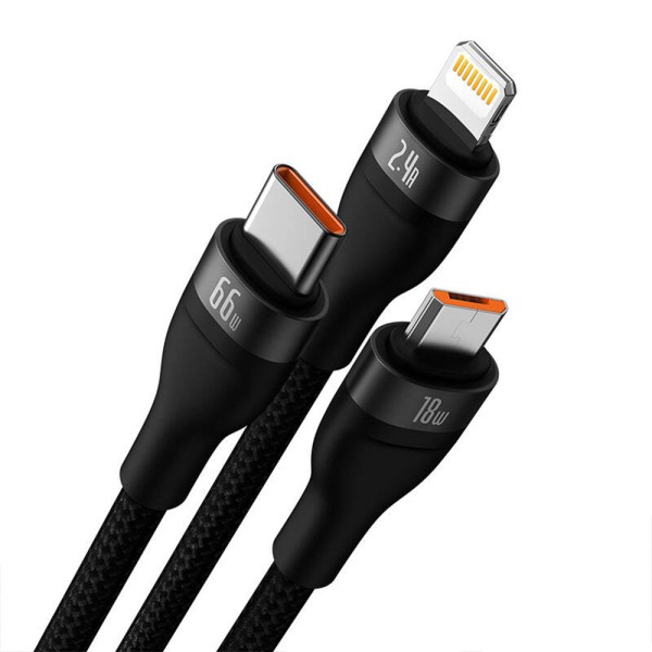 Кабел за зареждане Baseus Flash, 3 в 1, Micro USB, Lightning, Type-C, 66W, 1.2m, Черен - 40492