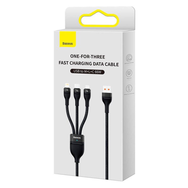 Кабел за зареждане Baseus Flash, 3 в 1, Micro USB, Lightning, Type-C, 66W, 1.2m, Черен - 40492