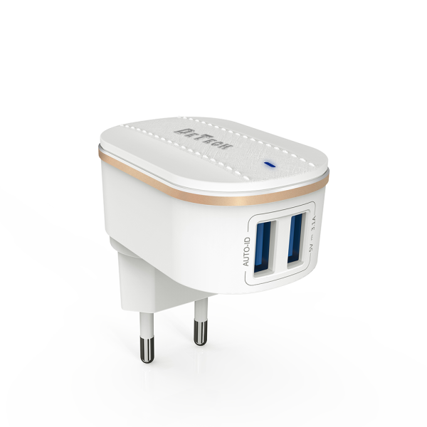 Мрежово зарядно устройство DeTech DE-15C, 5V/3.1A, 220V, 2 x USB, С Type-C кабел, 1.0m, Бял - 40098