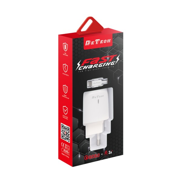 Мрежово зарядно устройство DeTech DE-32QCC, 18W, С Type-C кабел, 2 x USB F, QC, Бял - 40327