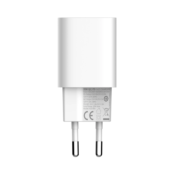 Мрежово зарядно устройство LDNIO A2318C, 20W, 1 x Type-C F, 1 x USB F, PD, QC, С Кабел Type-C към Lightning, Бял - 40293