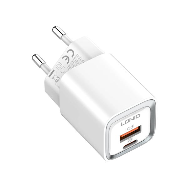 Мрежово зарядно устройство LDNIO A2318M, MFi, 20W, 1 x Type-C F, 1 x USB F, PD, QC, С Кабел Type-C към Lightning, Бял - 40281