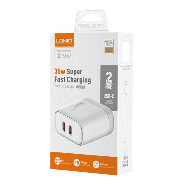 Мрежово зарядно устройство LDNIO A2528C, 35W, 2 x Type-C F, PD, С Кабел Type-C към Lightning, Бял - 40283