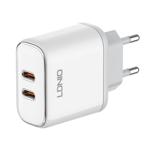 Мрежово зарядно устройство LDNIO A2528M, MFi, 35W, 2 x Type-C F, PD, С Кабел Type-C към Lightning, Бял - 40280