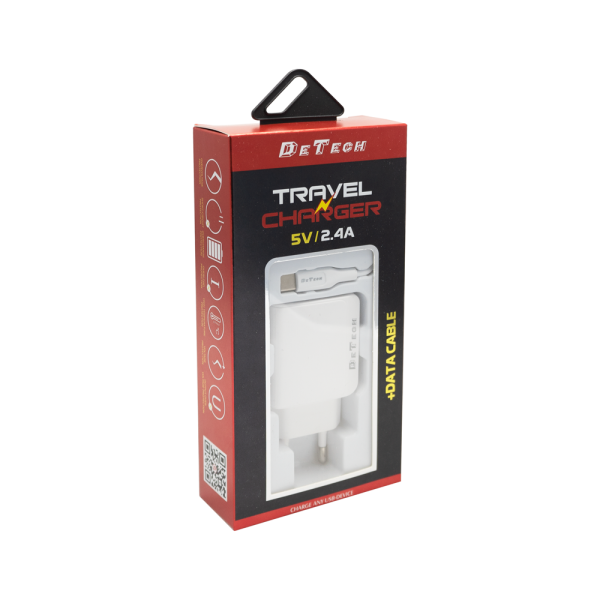 Мрежово зарядно устройство DeTech DE-09M, 5V/2.4A, 220V,2 x USB, С Micro USB кабел, 1.0m, Бял - 14140