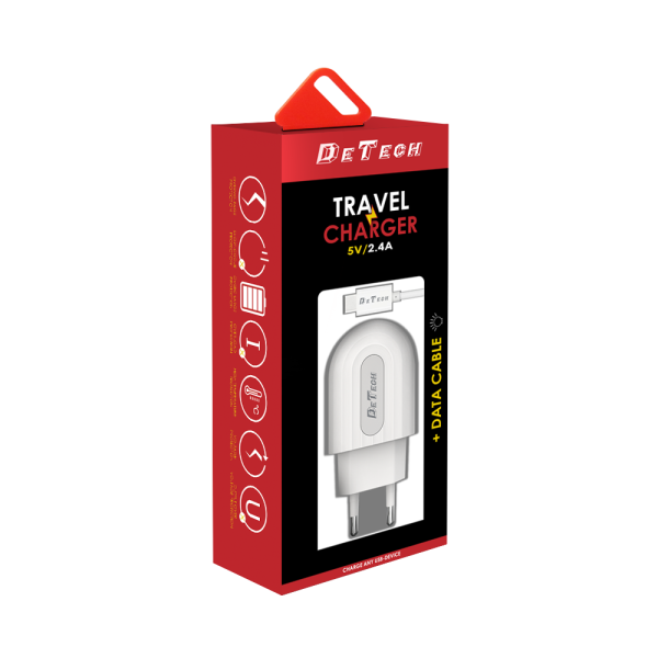 Мрежово зарядно устройство DeTech DE-28i, 5V/2.1A, 220V,1 x USB, С Lightning кабел, 1.0m, Бял - 14134