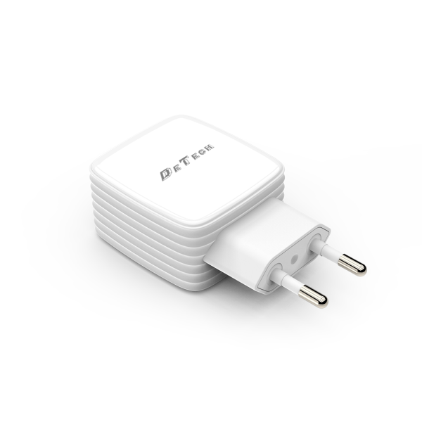 Мрежово зарядно устройство DeTech DE-33M, 5V/2.4A, 220V,2 x USB, С Micro USB кабел, 1.0m, Бял - 40100