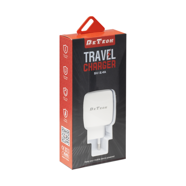 Мрежово зарядно устройство DeTech, DE-33, 5V/2.4A 220V, 2 x USB, Бял - 40099