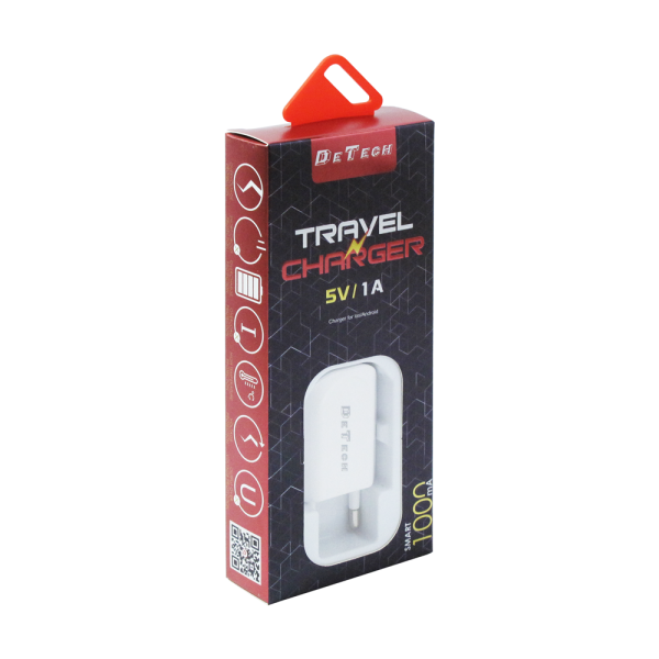 Мрежово зарядно устройство, DeTech, DE-11M, 5V/1A, 220V,1 x USB, С Micro USB кабел, 1.0m, Бял - 14115