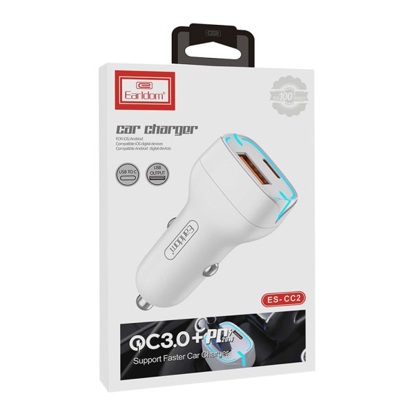 Зарядно устройство за кола Earldom ES-CC2, 1xUSB QC3.0, 1xType-C PD, С Type-C кабел, Различни цветове - 40249