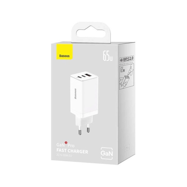 Мрежово зарядно устройство Baseus GaN5 Pro Fast, 65W, С PD кабел, Бял - 40410