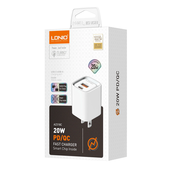Мрежово зарядно устройство LDNIO A2318C, 20W, 1 x Type-C F, 1 x USB F, PD, QC, С Type-C кабел, Бял - 40291