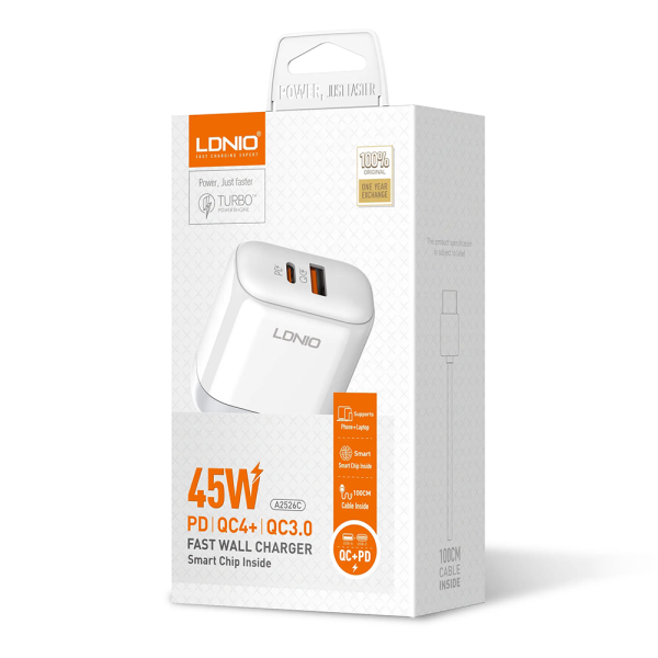 Мрежово зарядно устройство LDNIO A2526C, 45W, 1 x Type-C F, 1 x USB F, PD, QC, PPS, С PD Type-C кабел, Бял - 40287