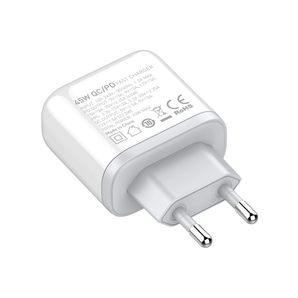Мрежово зарядно устройство LDNIO A2526C, 45W, 1 x Type-C F, 1 x USB F, PD, QC, PPS, С Type-C кабел , Бял - 40286