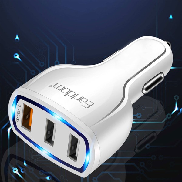 Зарядно устройство за кола Earldom ES-CC13, 3xUSB, QC3.0, С Micro USB кабел, Бял - 40252