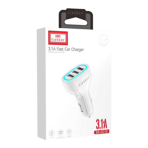 Зарядно устройство за кола Earldom ES-CC13, 3xUSB, QC3.0, С Micro USB кабел, Бял - 40252