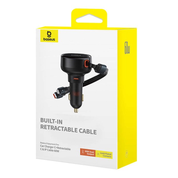 Зарядно устройство за кола Baseus Enjoyment Pro, 60W, С Type-C и Lightning кабел, Черен - 40498