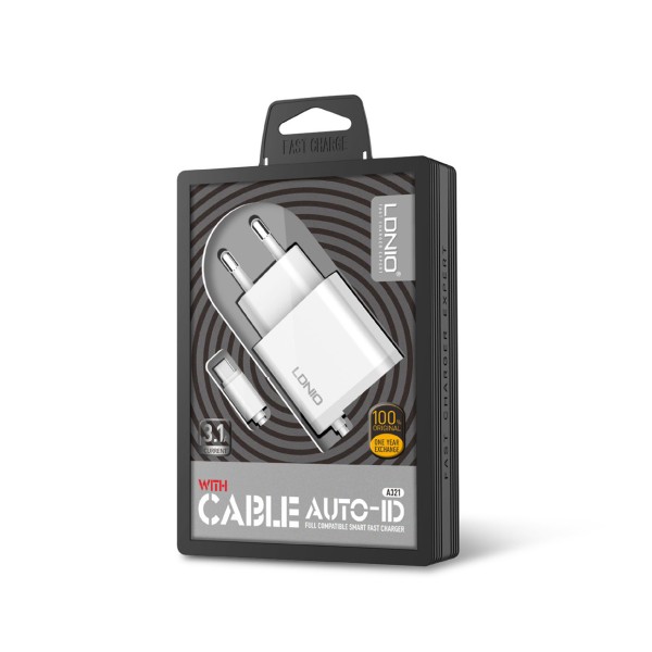 Мрежово зарядно устройство LDNIO A321, 5V 3.1A, 2 x USB, С кабел за iPhone 5/6/7SE, Бял - 14742