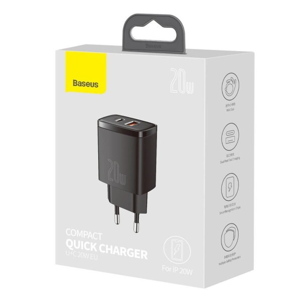 Мрежово зарядно устройство Baseus Compact, 20W, 1 x Type-C F, 1 x USB F, Черен - 40415