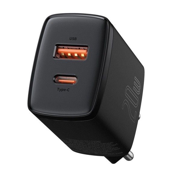 Мрежово зарядно устройство Baseus Cube Fast Charger OS, 20W, 1 x Type-C F, 1 x USB F, Черен - 40406