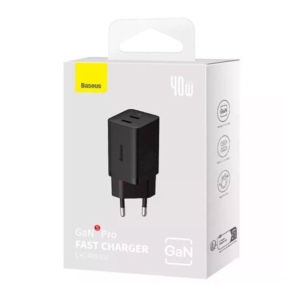 Мрежово зарядно устройство Baseus GaN5 Pro Fast Charger, 40W, 2 x Type-C F, Черен - 40408
