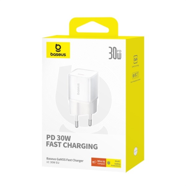 Мрежово зарядно устройство Baseus GaN5S Fast Charger 1C, 30W, 1 x Type-C F, Бял - 40405