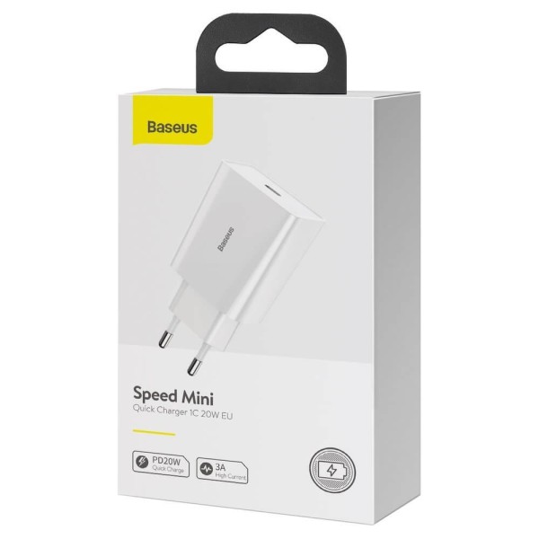 Мрежово зарядно устройство Baseus Speed Mini 1C, 20W, 1 x Type-C F, Бял - 40414