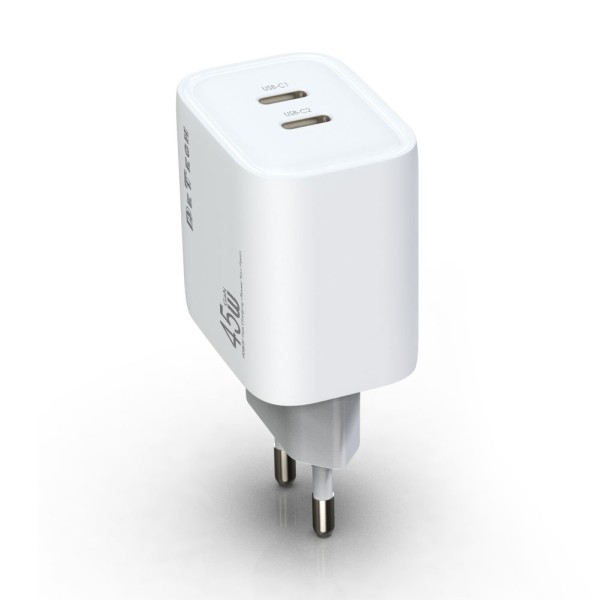 Мрежово зарядно устройство DeTech DE-PD, 45W, GaN, 2 x Type-C F, Бял - 40340