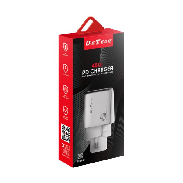 Мрежово зарядно устройство DeTech DE-PD, 45W, GaN, 2 x Type-C F, Бял - 40340