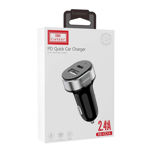 Зарядно устройство за кола Earldom ES-CC14, 1xUSB, 1xType-C, С Lightning кабел, Черен - 40242