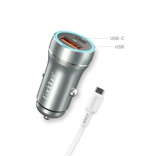 Зарядно устройство за кола Earldom ES-CC29, 30W, USB QC3.0, PD, С Lightning - PD кабел, Сребрист - 40352