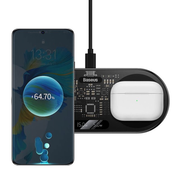 Безжично зарядно устройство Baseus Digital LED, 2в1, Qi, 20W, Черен - 40384