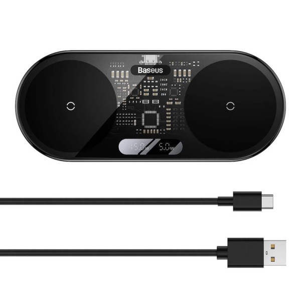 Безжично зарядно устройство Baseus Digital LED, 2в1, Qi, 20W, Черен - 40384