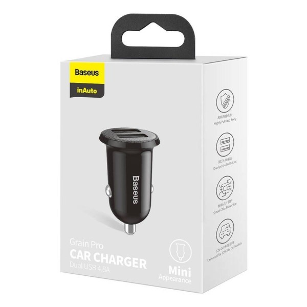 Зарядно устройство за кола Baseus Grain Pro, 4.8A, 2 x USB, Черен - 40509