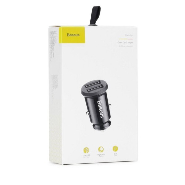 Зарядно устройство за кола Baseus Grain, 3.1A, 2 x USB, Черен - 40511