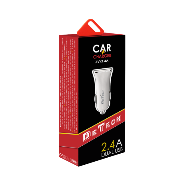 Зарядно устройство за кола DeTech, DE-C01, 5V/2.4A, 12/24V, 2 x USB, Бял - 14122