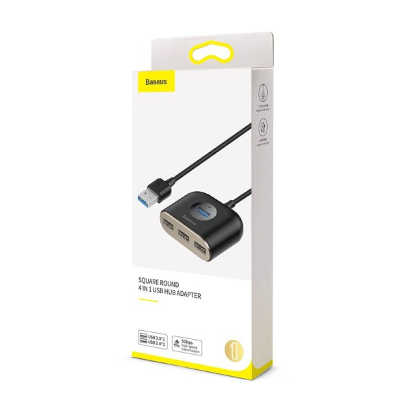 USB хъб Baseus Square round, 4 Порта, USB към 3xUSB 2.0, 1xUSB 3.0, 1.0m, Черен - 12077