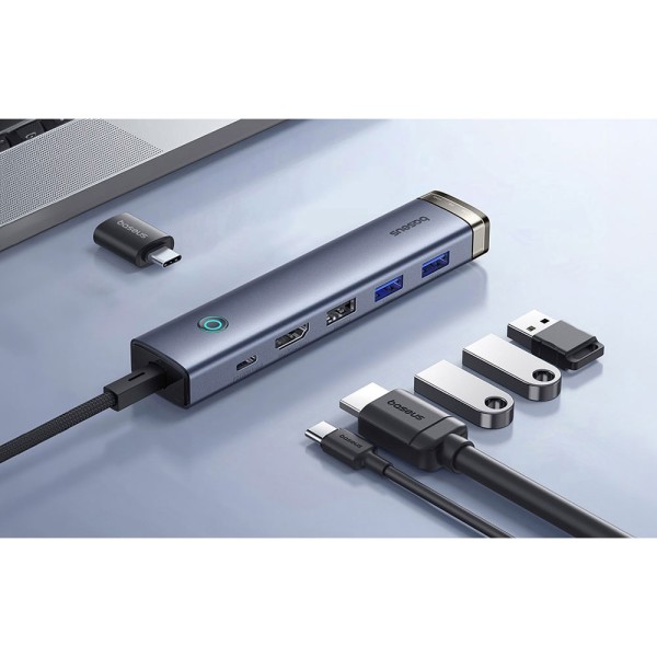 Докинг станция Baseus UltraJoy, 6 порта, Type-C към 2xUSB 3.0, USB 2.0, Type-C, PD, HDMI, RJ45, Сив - 12070