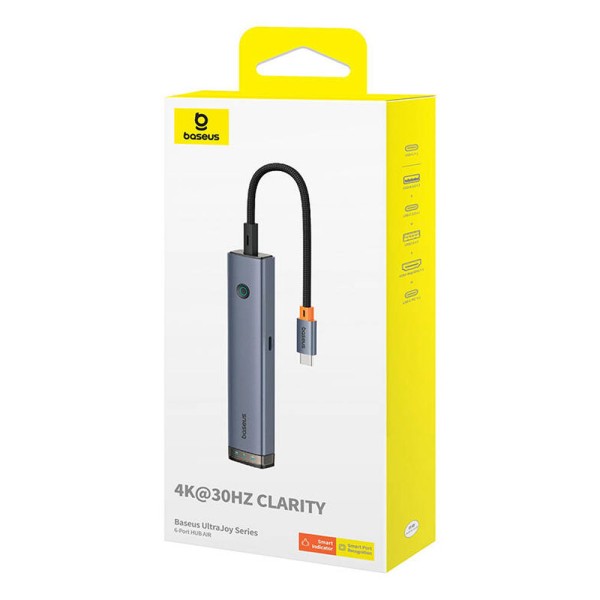 Докинг станция Baseus UltraJoy, 6 порта, Type-C към 2xUSB 3.0, USB 2.0, Type-C, PD, HDMI, RJ45, Сив - 12070
