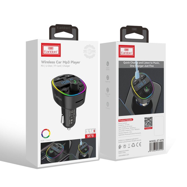 FM Трансмитер Earldom ET-M78, Bluetooth, Micro SD, USB, Type-C, QC, Черен - 17776