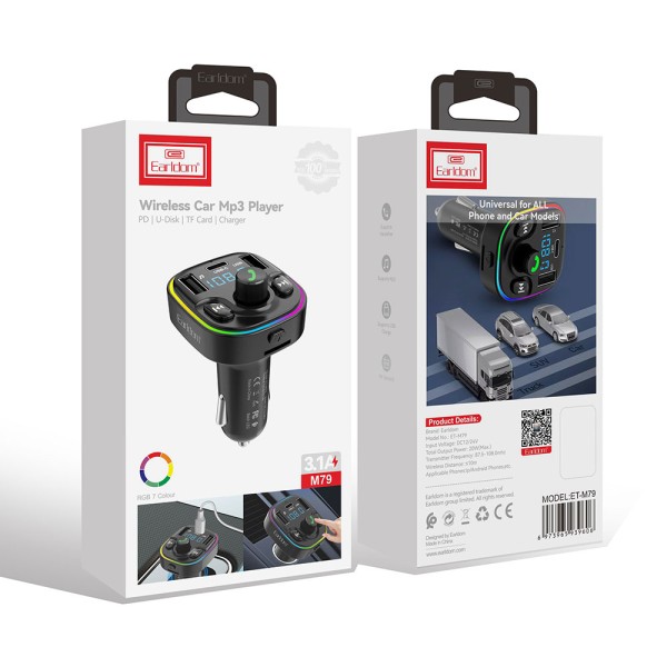 FM Трансмитер Earldom ET-M79, Bluetooth, Micro SD, USB, Type-C, QC, Черен - 17775