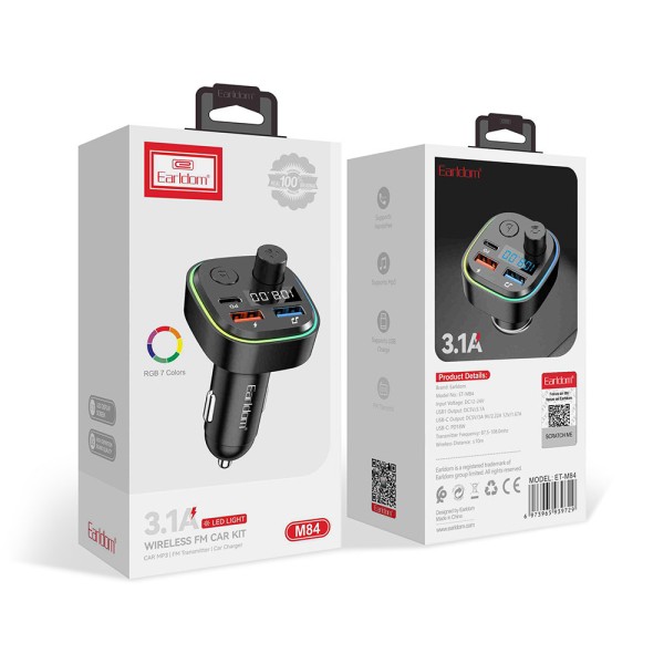 FM Трансмитер Earldom ET-M84, Bluetooth, USB, Type-C, PD, 3.1A, Черен - 17773
