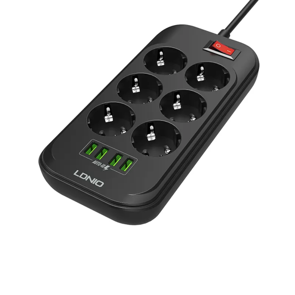 Разклонител LDNIO SE6403, 6 гнезда, CEE 7/3, 2500W, 4 x USB F, 2.0m, Черен - 40298